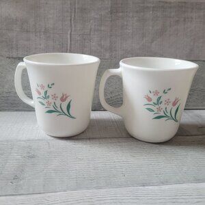 Set Of 2 Vintage Corning USA Milk Glass Mugs With Rosemarie Floral Design